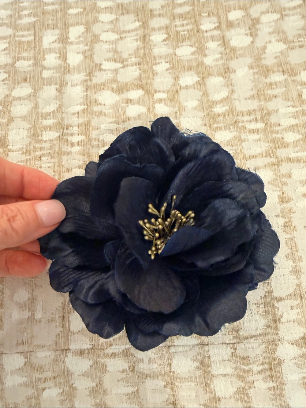 Navy or Sage green Fabric Flower Hair Clip or pin with Gold Stamen Accent.
